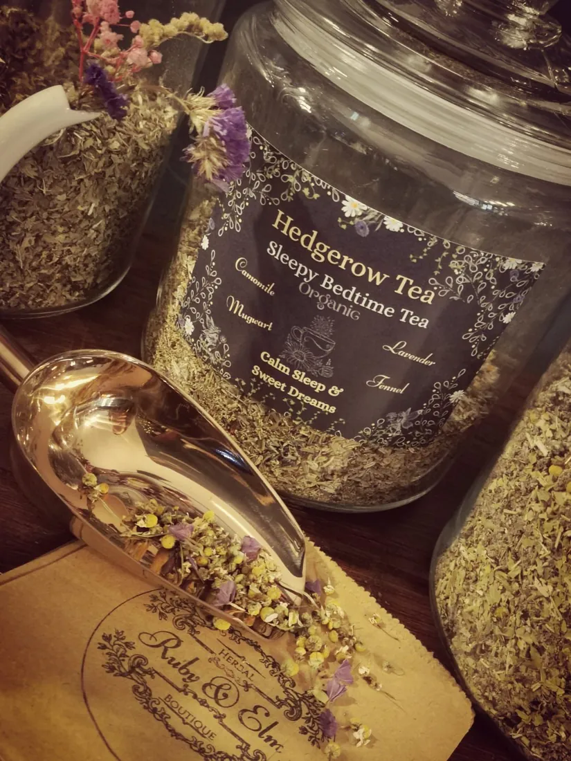 Sleepy Bedtime Tea blend in its labelled apothecary jar